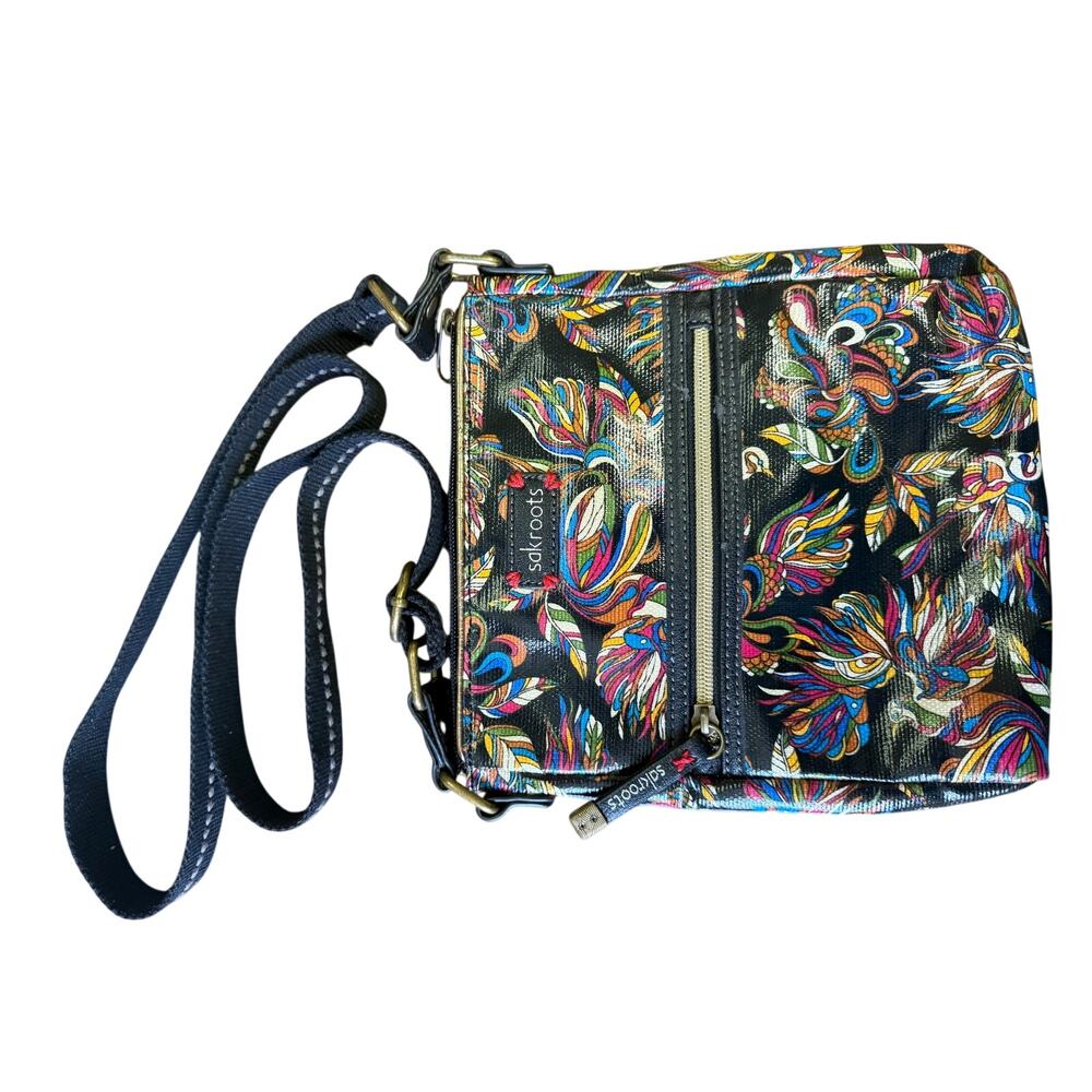 SAKROOTS ARTIST CIRCLE BLACK MULTICOLOR FLORAL CROSSBODY BOHO ADJUSTABLE STRAPS